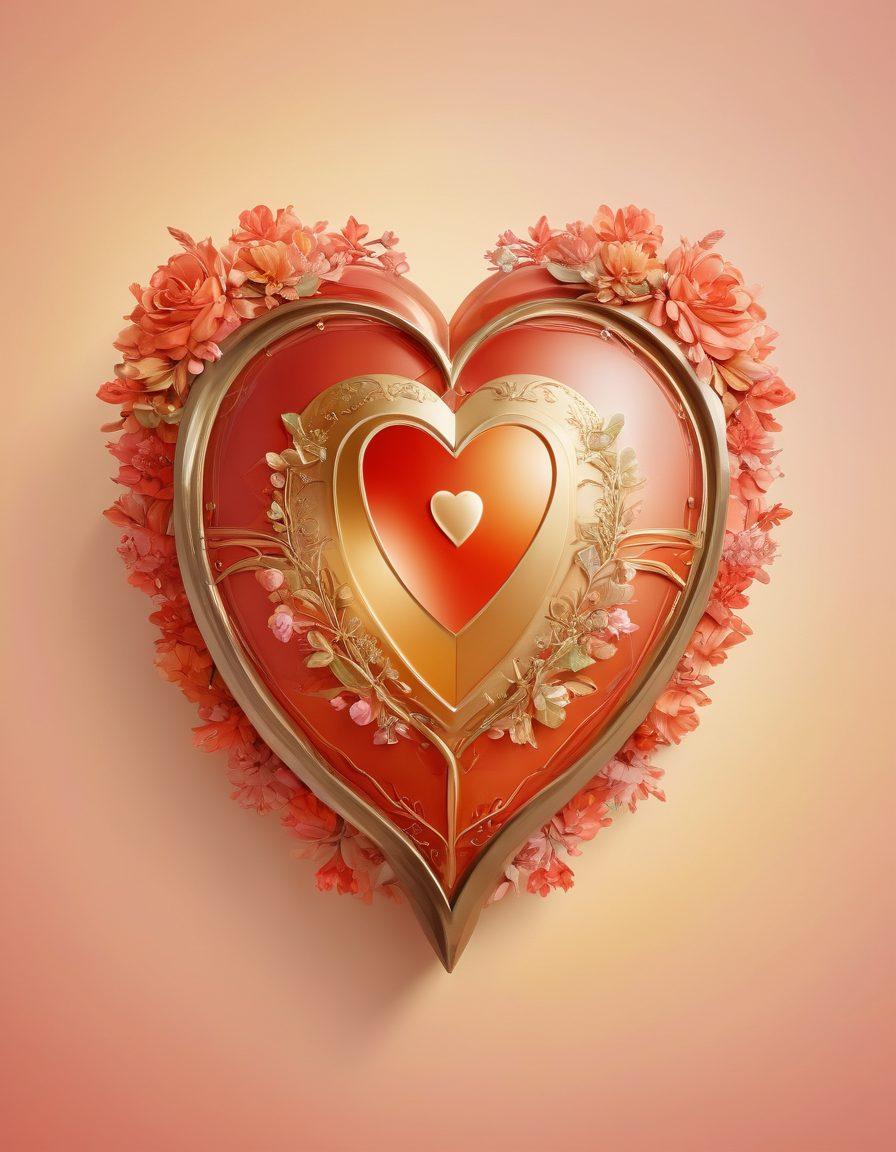 A visually stunning illustration of an intertwined heart and a shield, symbolizing love and protection. The background should feature a soft gradient of warm colors, representing warmth and security in relationships. Include subtle icons of family, home, and financial stability, intertwined around the heart and shield. Add delicate floral elements for a touch of romantic elegance. surreal art. vibrant colors.