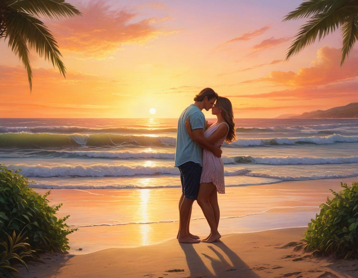 A romantic scene depicting a couple embracing under a warm sunset, with a soft heart-shaped shield surrounding them symbolizing protection and affection. In the background, gentle waves lapping on a serene beach convey tranquility. Lush greenery and soft pastel colors enhance the warmth of the moment. super-realistic. vibrant colors. sunset backdrop.